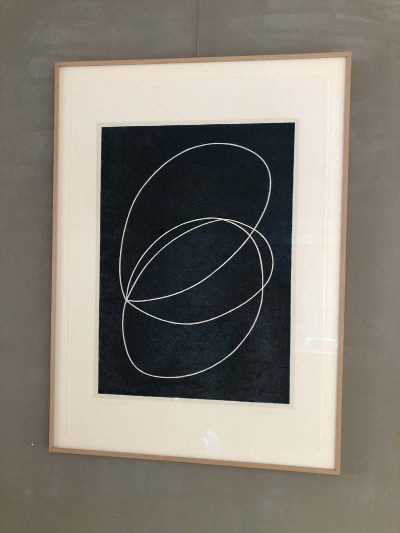 Large serigraphy print 'Lineair Drawing No 4 blue' crafted by Emma Lawrenson in oak wood frame.