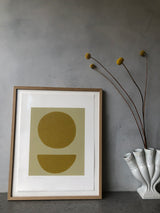 Serigraphy print 'Yellow Moonstone' crafted by Emma Lawrenson in oak wood frame in home.
